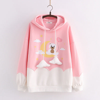 Cartoon Love Bear Print Hit Color Hoodie